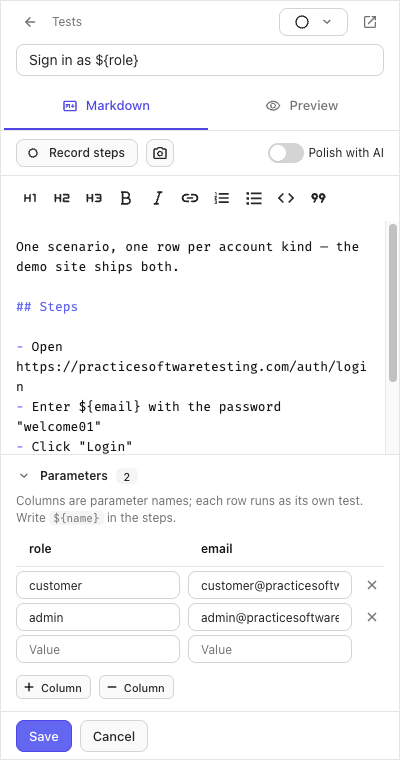 The editor: Markdown, Record steps, Polish with AI, Parameters