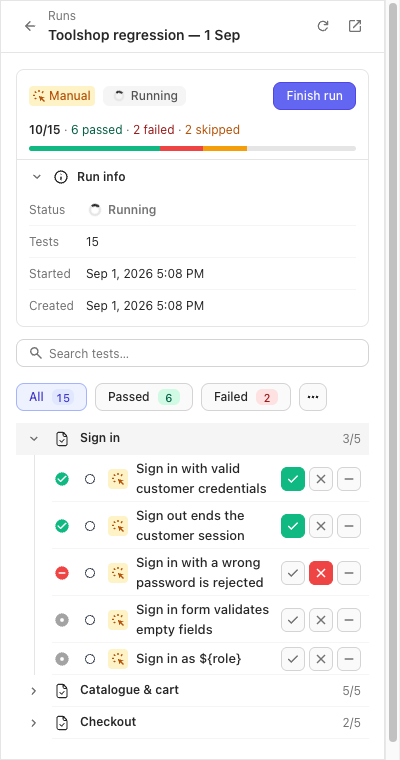 The run checklist, one suite open