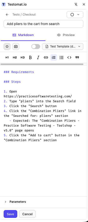 Five recorded steps, one with the page-change Expected line